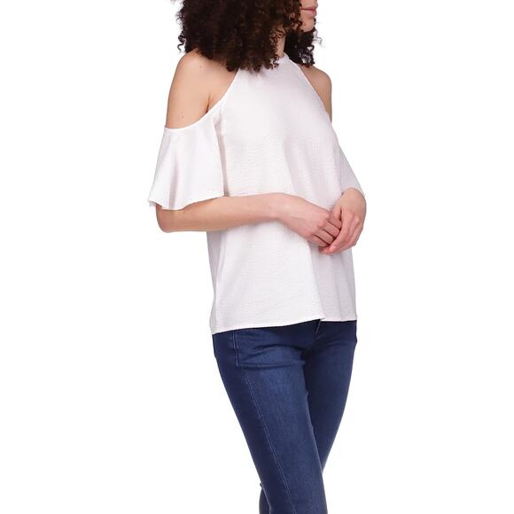 Michael Kors Women White Viscose Seersucker Casual Cold-Shoulder Top Size L - Picture 2 of 3